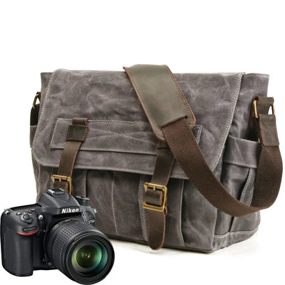 HKM-499091 Waterproof Waxed Canvas Messenger Bag with Leather Accents for Travel and Outdoor Use
