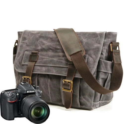 HKM-499091 Waterproof Waxed Canvas Messenger Bag with Leather Accents for Travel and Outdoor Use