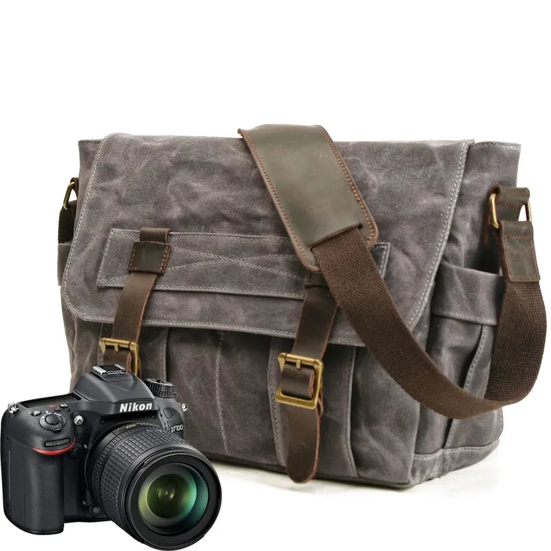 HKM-499091 Waterproof Waxed Canvas Messenger Bag with Leather Accents for Travel and Outdoor Use