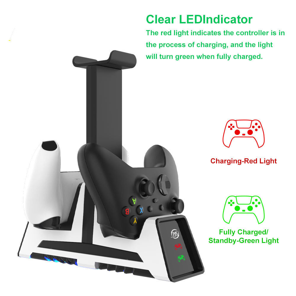 HKM-499283 Multifunctional Charging Stand for PS5, PS4, Switch Pro, Xbox Series X Controllers with Magnetic Charge and Earphone Holder