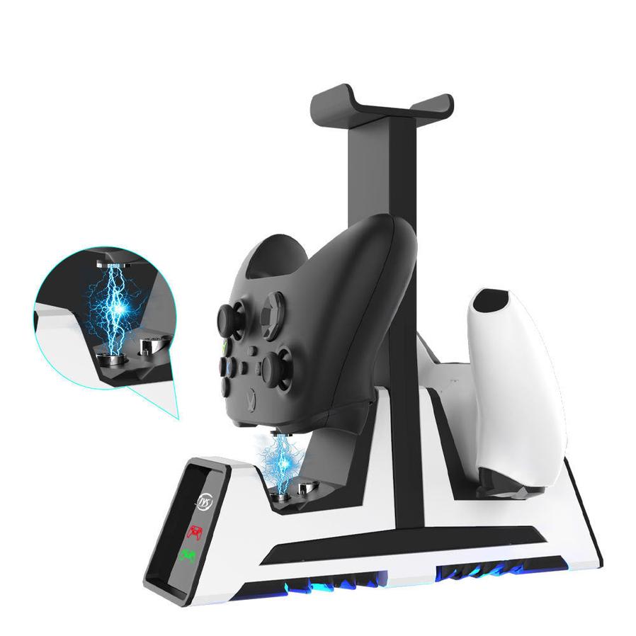 HKM-499283 Multifunctional Charging Stand for PS5, PS4, Switch Pro, Xbox Series X Controllers with Magnetic Charge and Earphone Holder