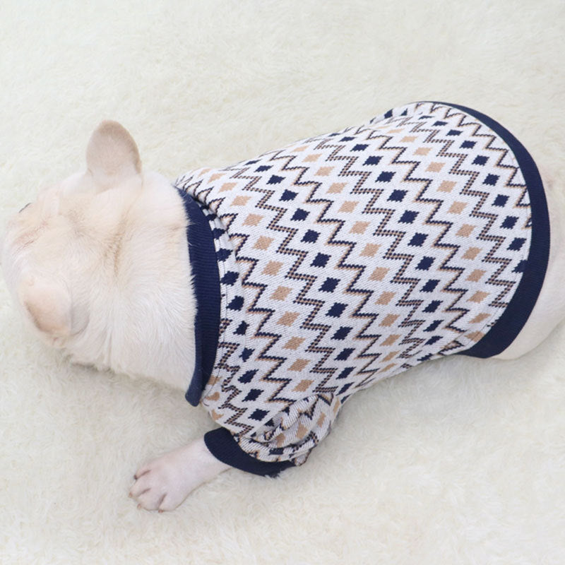 HKM-4995261 Knitted Cotton Dog Cardigan in Navy Blue and Khaki Geometric Patterns