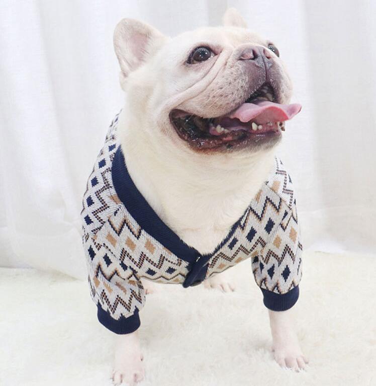 HKM-4995261 Knitted Cotton Dog Cardigan in Navy Blue and Khaki Geometric Patterns