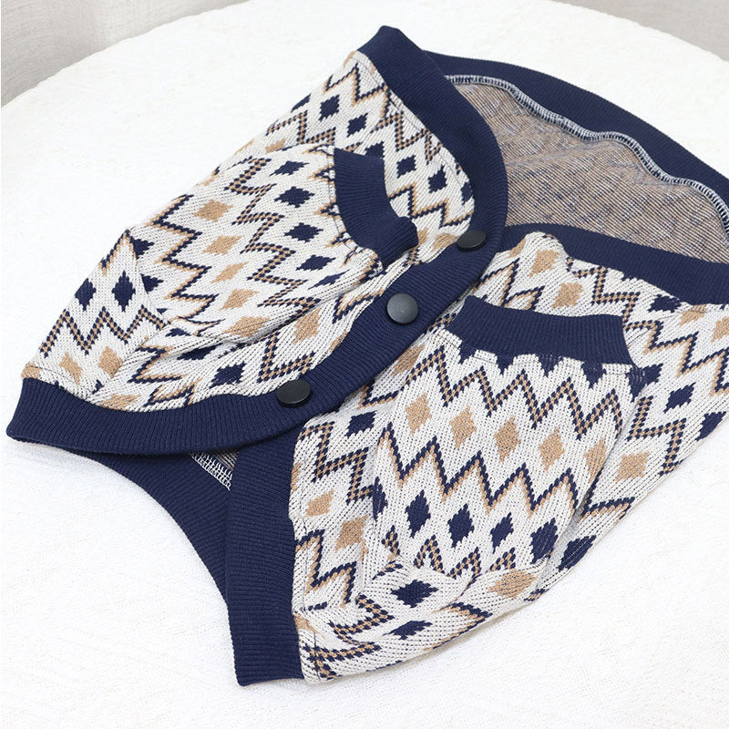 HKM-4995261 Knitted Cotton Dog Cardigan in Navy Blue and Khaki Geometric Patterns