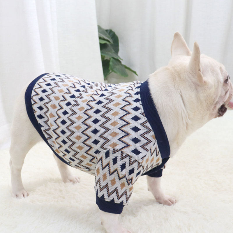 HKM-4995261 Knitted Cotton Dog Cardigan in Navy Blue and Khaki Geometric Patterns