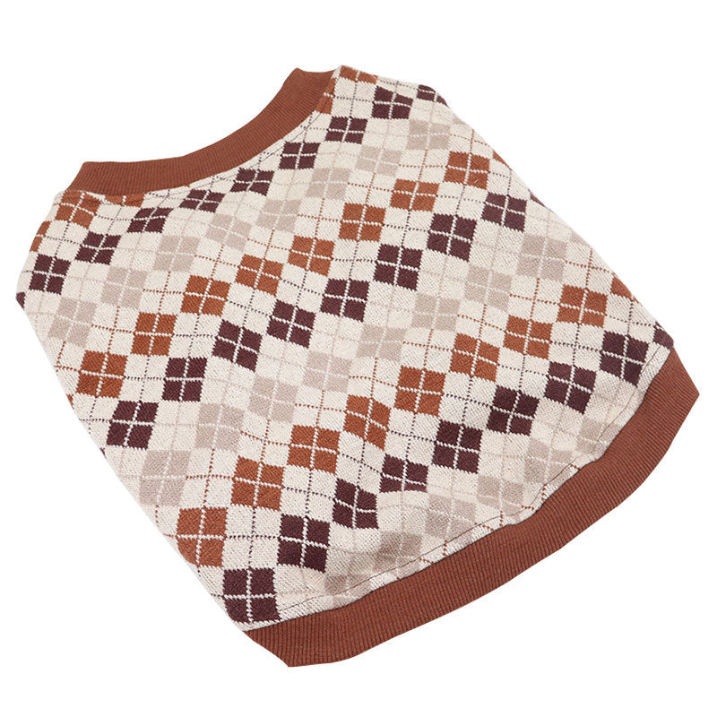 HKM-4995261 Knitted Cotton Dog Cardigan in Navy Blue and Khaki Geometric Patterns