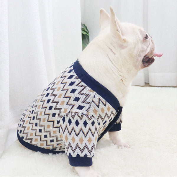 HKM-4995261 Knitted Cotton Dog Cardigan in Navy Blue and Khaki Geometric Patterns