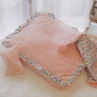 HKM-4997309 Plush Warm Dog Bed with Removable and Washable Mat, Pillow, and Blanket in Pink Rabbit Fur