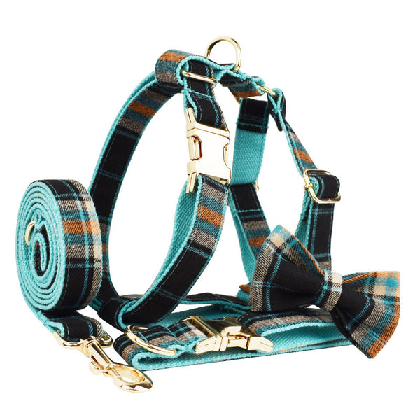HKM-4998717 Green Retro Pet Collar and Leash Set with Bow and Vest, 4-Piece Outfit for Dogs