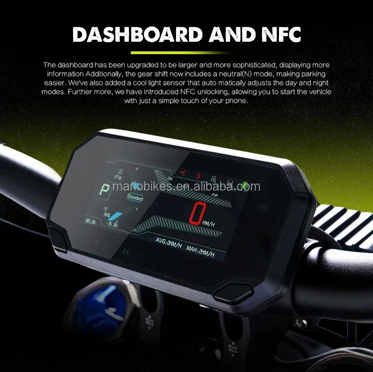 HKM-499923 Fast Electric Dirt Bike 72V 16.8KW Mid Motor, 100KM/H Top Speed, 120KM Range, 4-Piston Hydraulic Disc Brakes