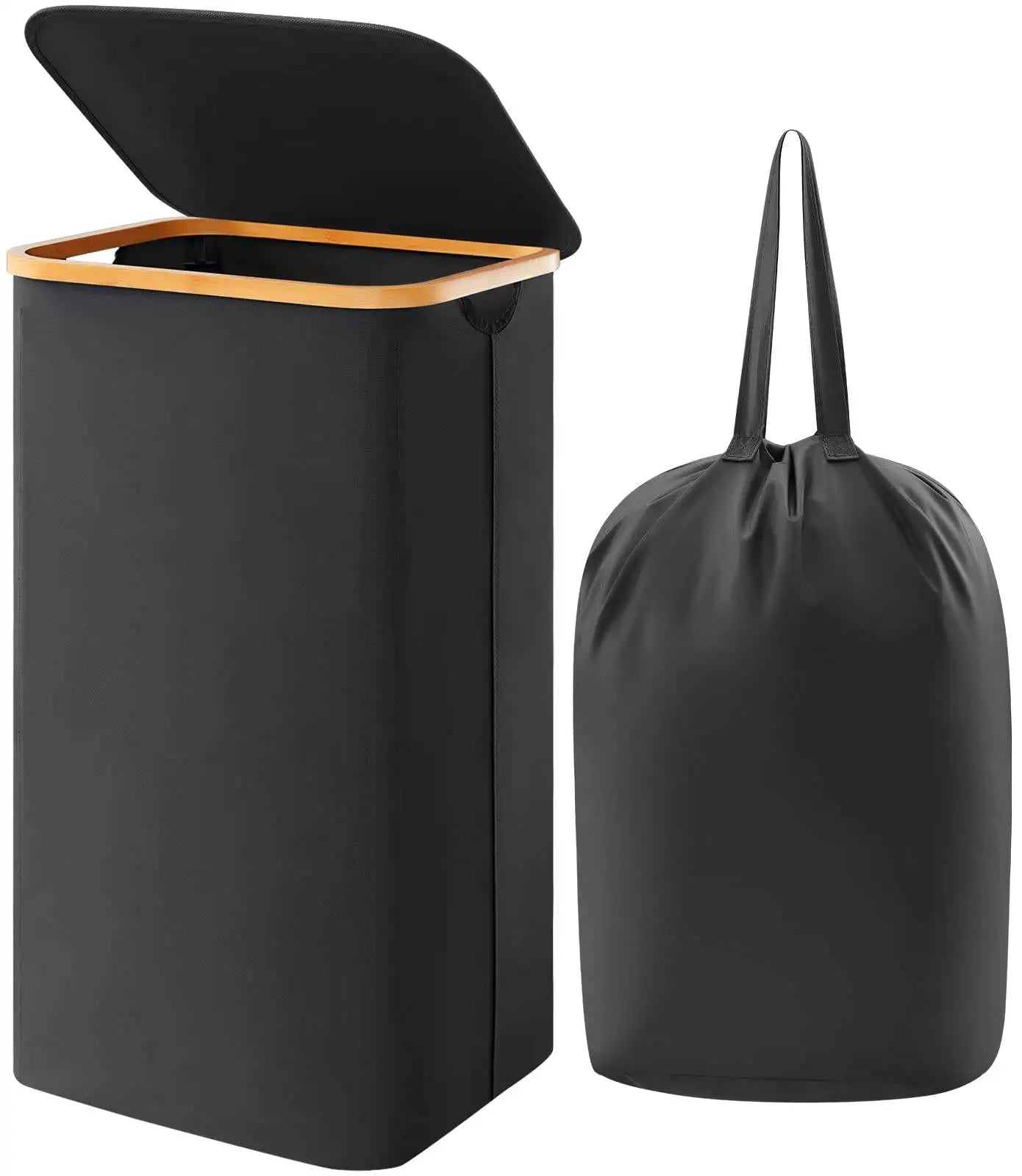 HKM-500115 Large Foldable 100L Laundry Basket with Lid and Bamboo Handles, Removable Laundry Bag Included
