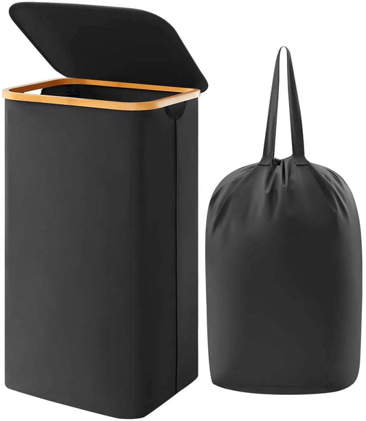 HKM-500115 Large Foldable 100L Laundry Basket with Lid and Bamboo Handles, Removable Laundry Bag Included