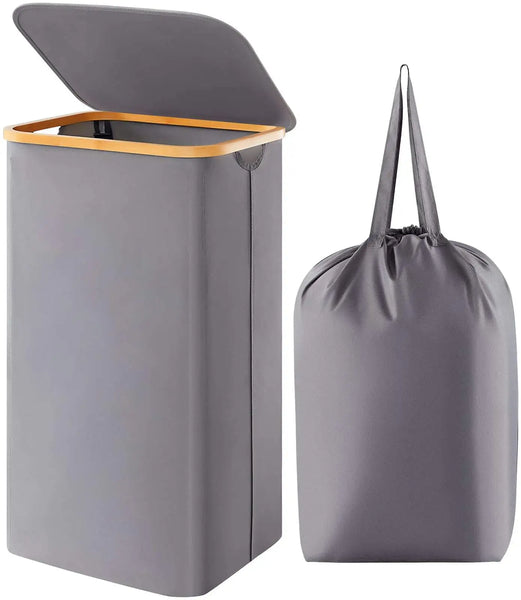HKM-500115 Large Foldable 100L Laundry Basket with Lid and Bamboo Handles, Removable Laundry Bag Included