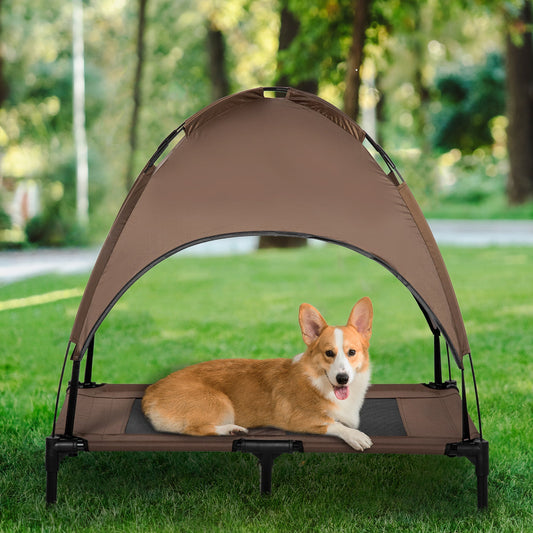 HKM-5001661 Elevated Portable Dog Cot with UV Canopy Shade, 36 Inch, Coffee Color