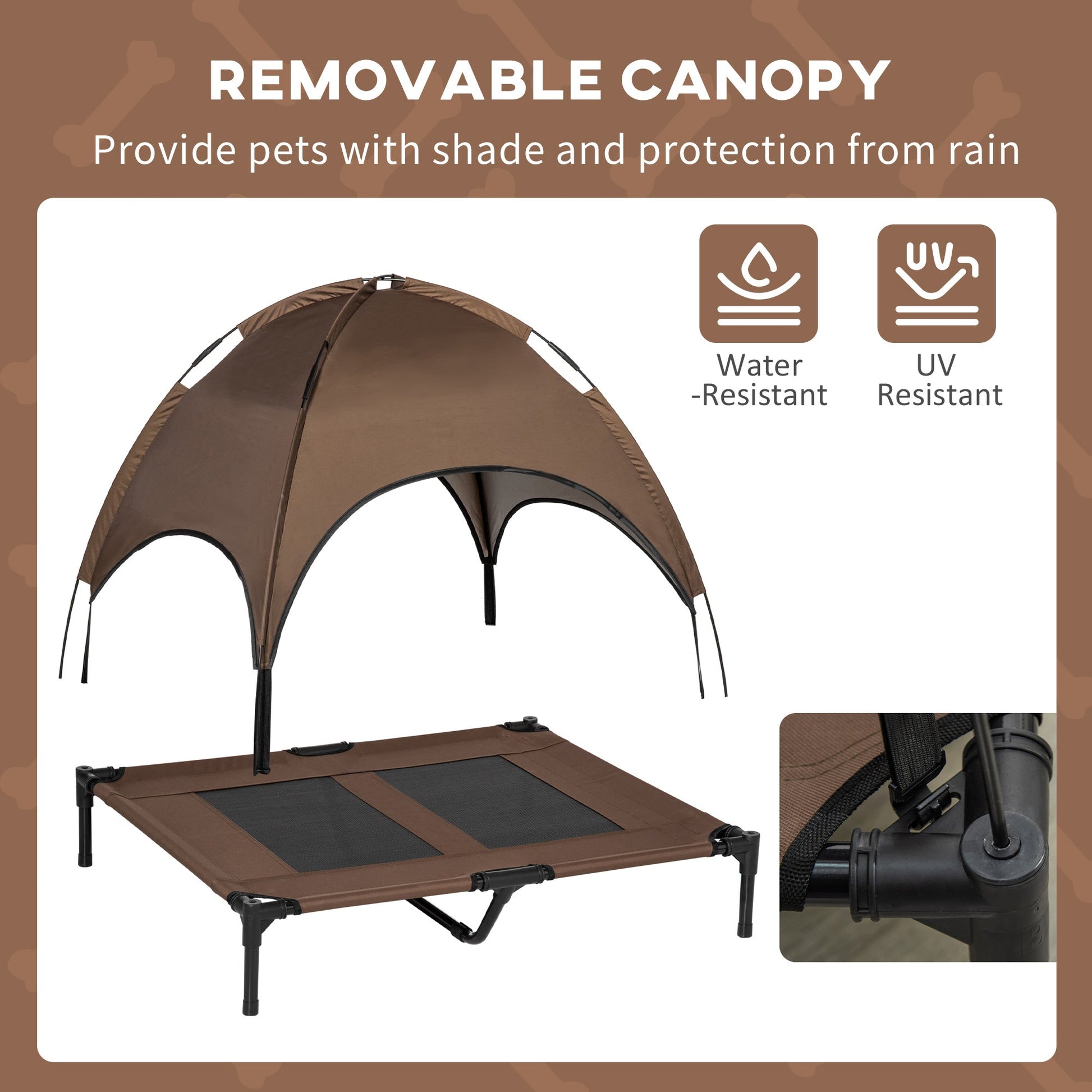 HKM-5001661 Elevated Portable Dog Cot with UV Canopy Shade, 36 Inch, Coffee Color