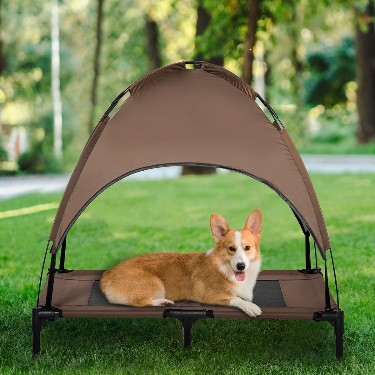 HKM-5001661 Elevated Portable Dog Cot with UV Canopy Shade, 36 Inch, Coffee Color