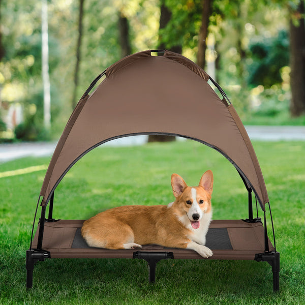 HKM-5001661 Elevated Portable Dog Cot with UV Canopy Shade, 36 Inch, Coffee Color