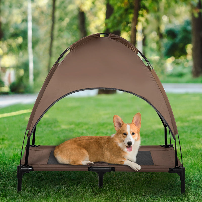 HKM-5001661 Elevated Portable Dog Cot with UV Canopy Shade, 36 Inch, Coffee Color