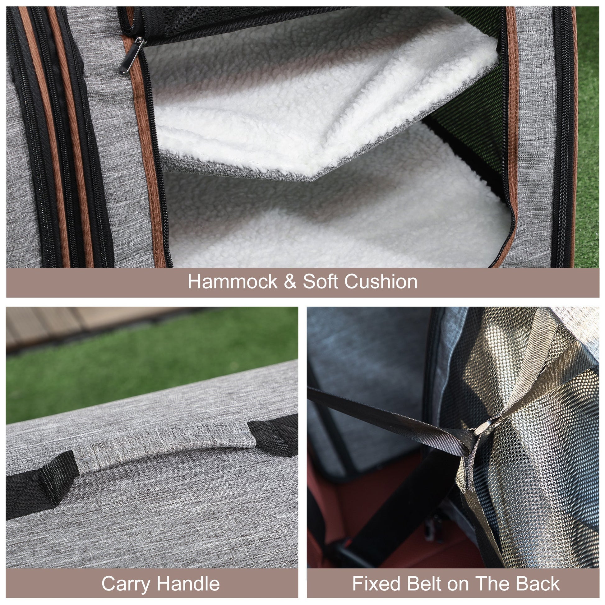 HKM-5005245 39" Soft-Sided Portable Cat Carrier with Divider, 2 Compartments, Cushions & Storage Bag, Light Gray