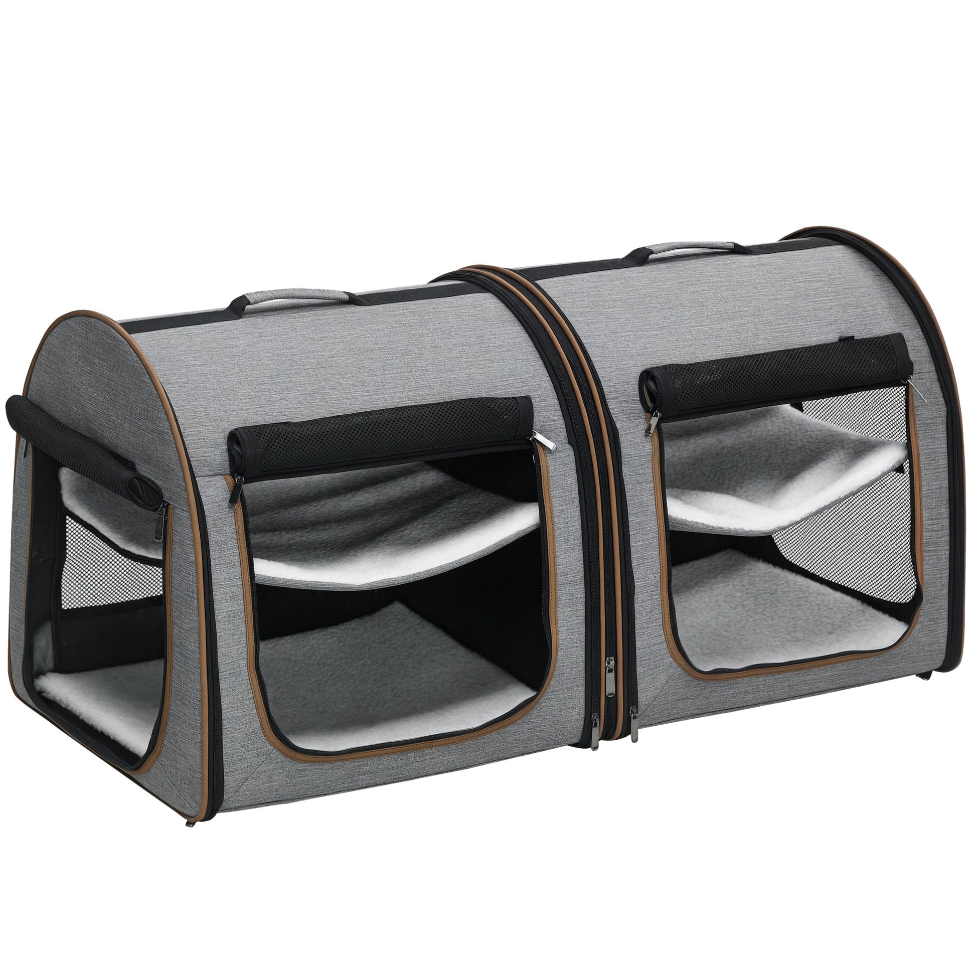 HKM-5005245 39" Soft-Sided Portable Cat Carrier with Divider, 2 Compartments, Cushions & Storage Bag, Light Gray