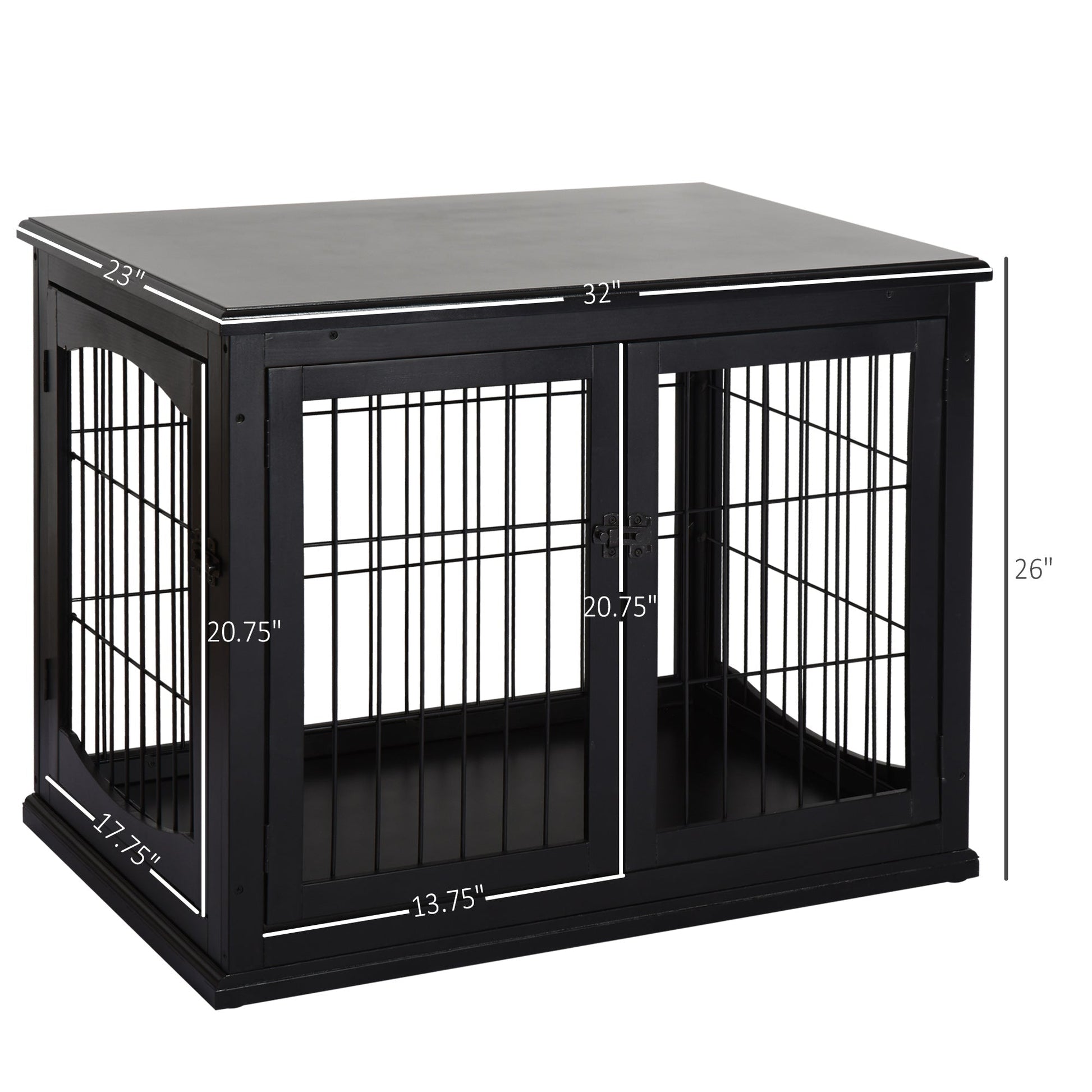HKM-5006653 32" Black Wooden Dog Crate End Table with Lockable Doors for Small Dogs up to 44 lbs