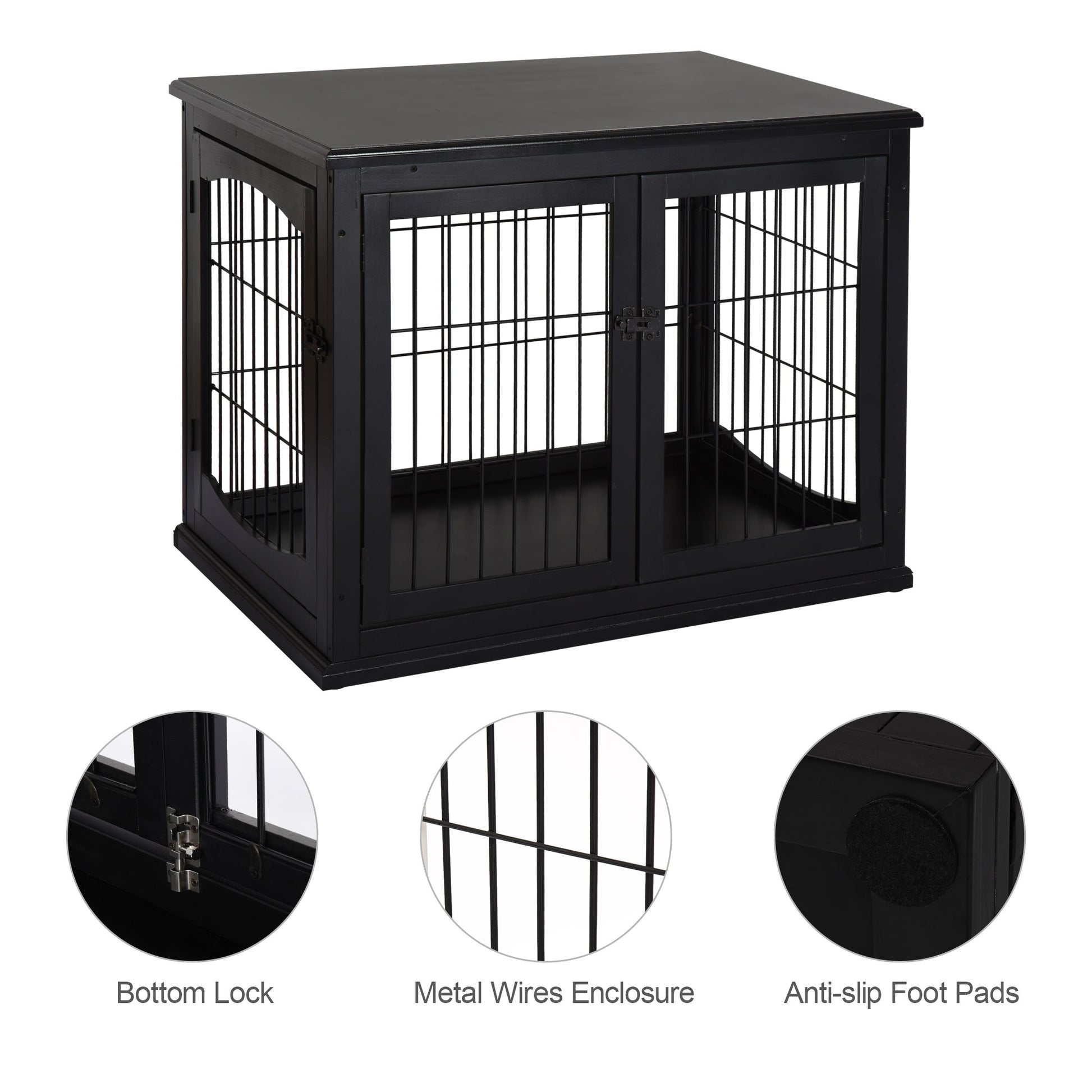 HKM-5006653 32" Black Wooden Dog Crate End Table with Lockable Doors for Small Dogs up to 44 lbs