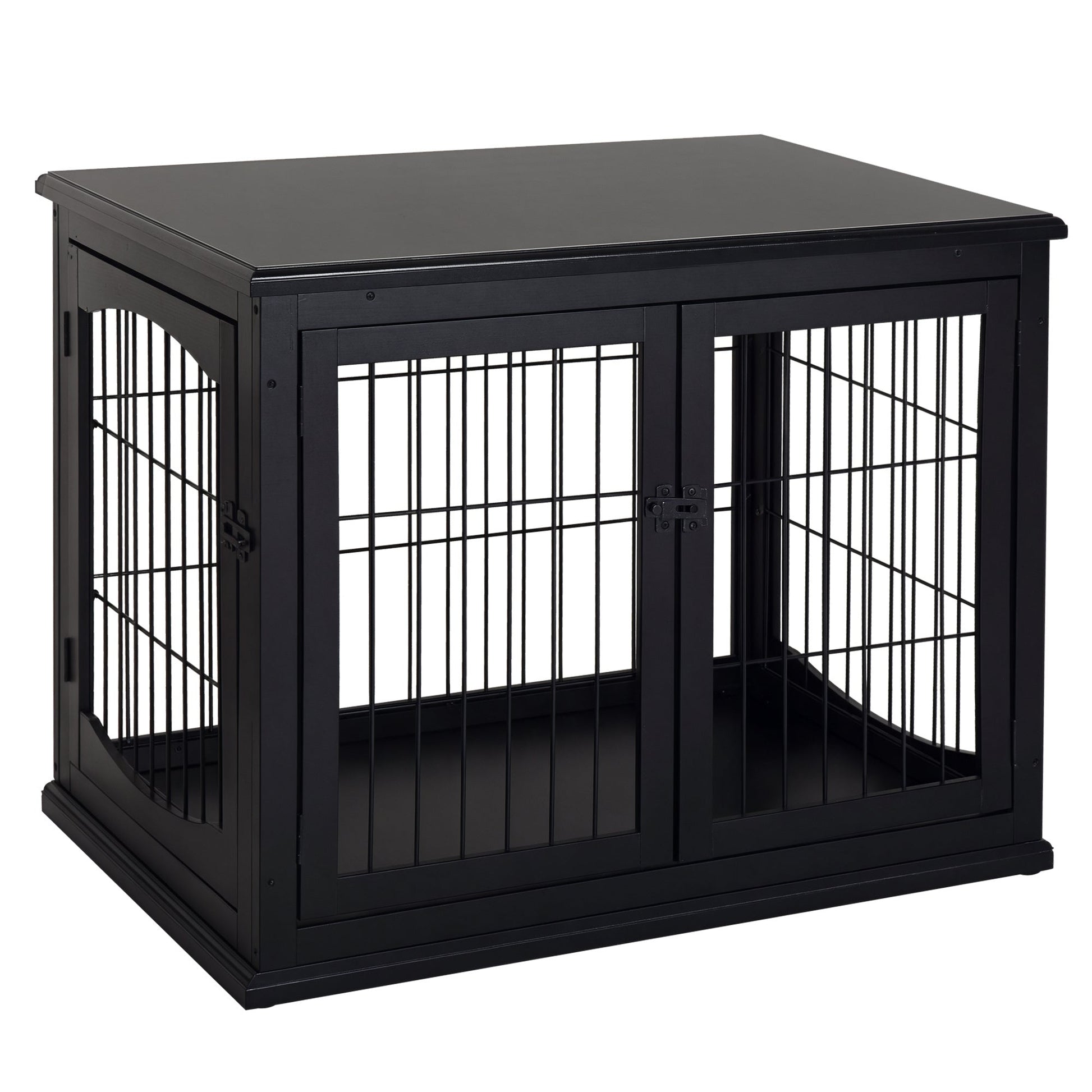 HKM-5006653 32" Black Wooden Dog Crate End Table with Lockable Doors for Small Dogs up to 44 lbs
