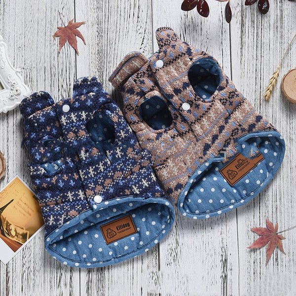 HKM-5009341 Double-Sided Casual Polka-Dot Knitted Denim Vest for Dogs - Blue & Brown, Sizes XS-7L