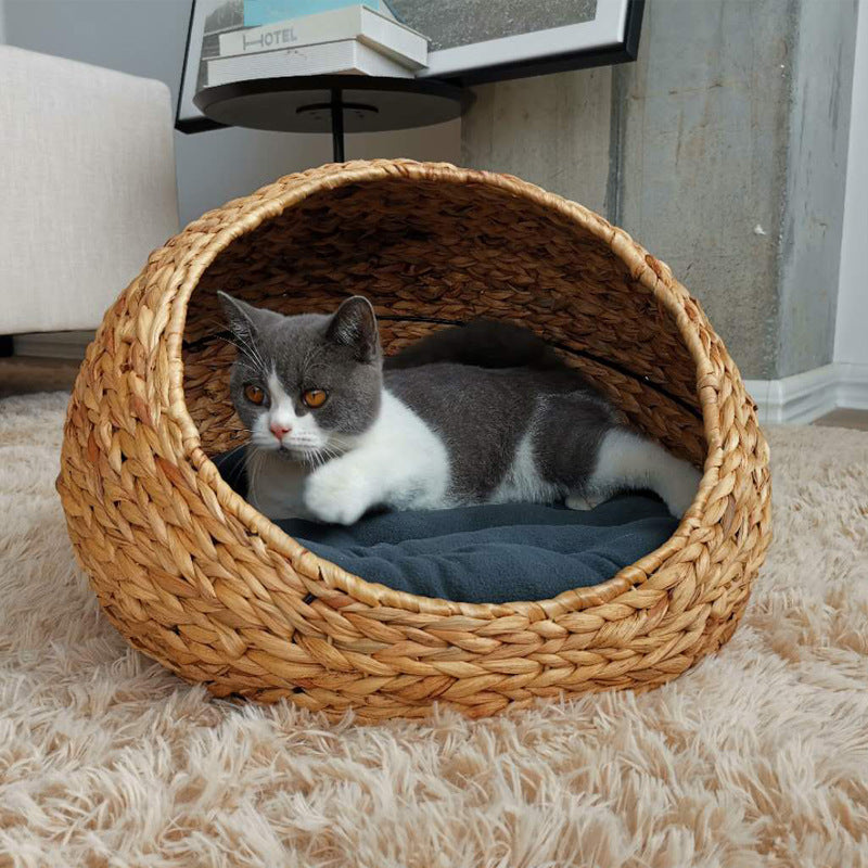 HKM-5010365 Hand-Woven Cat and Pet Nest in Gourd Grass - Available in Apricot, Brown, Macaroon Pink, and Macaroon Blue