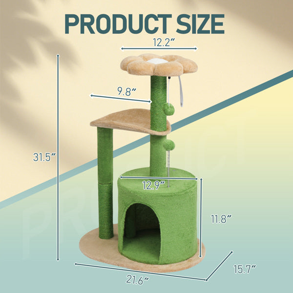 HKM-5012029 Multi-Level Cat Tree with Cozy Condo, Curved Perch, and Plush Top Bed – Ideal for Kittens and Small Cats, Beige & Green