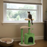 HKM-5012029 Multi-Level Cat Tree with Cozy Condo, Curved Perch, and Plush Top Bed – Ideal for Kittens and Small Cats, Beige & Green