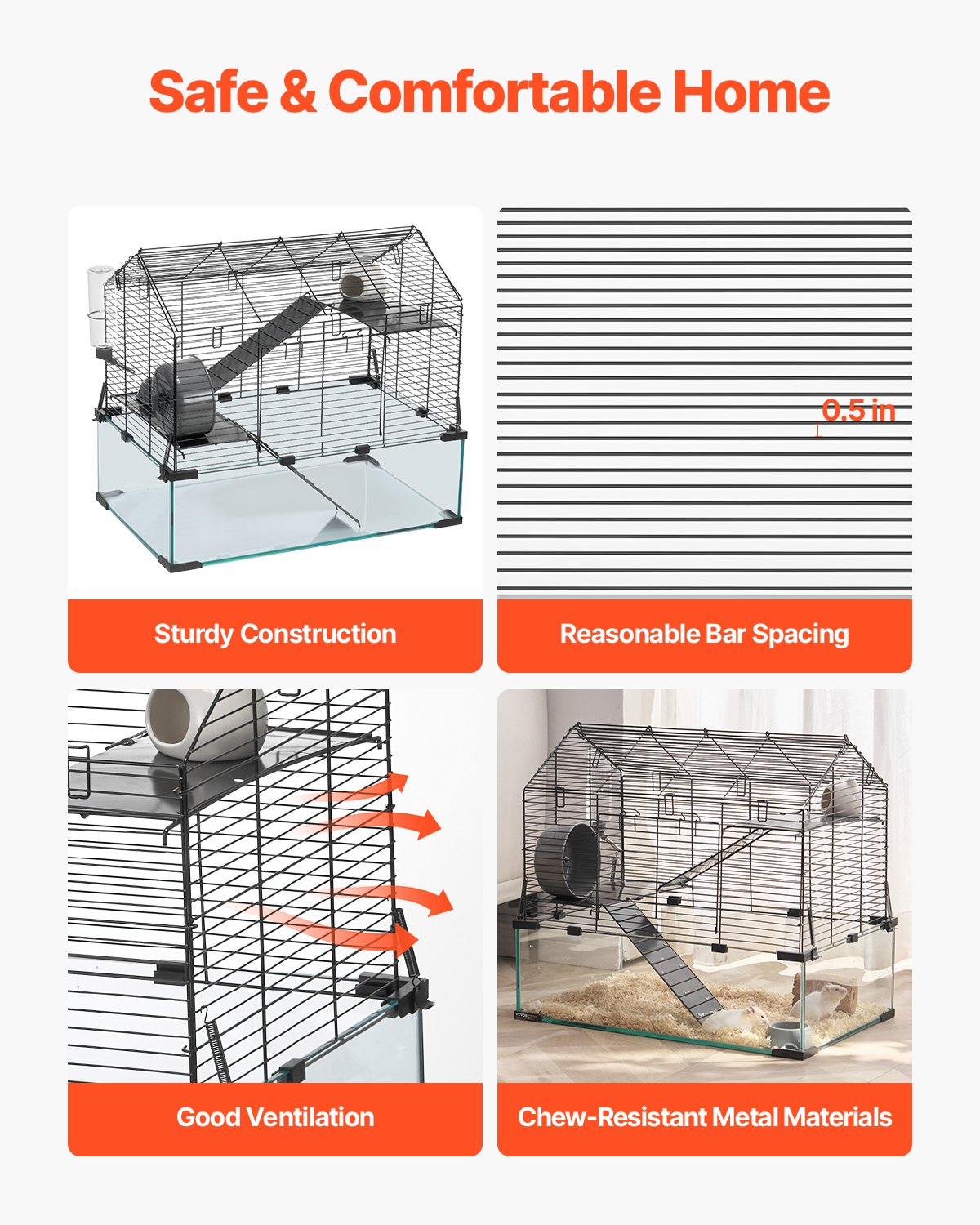 HKM-5012413 Spacious Wire Hamster Cage Habitat with Acrylic Panels for Small Rodents