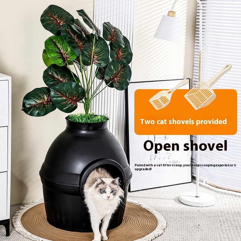 HKM-5017789 Enclosed Folding Cat House Litter Box - Splash-Proof Design in Black & White