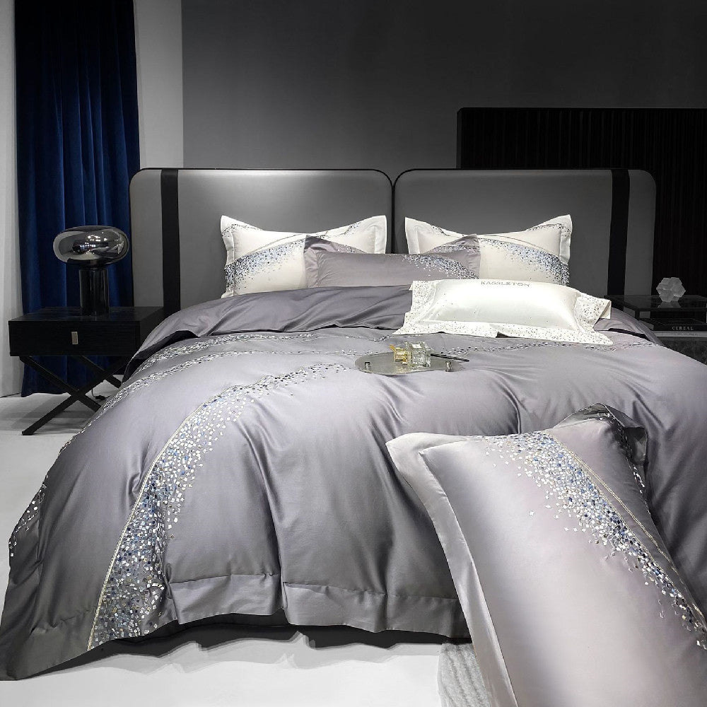 HKM-501843 Long-Staple Cotton Four-Piece Bedding Set with Embroidered Quilt Cover and Solid Color Design