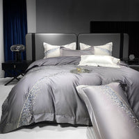 HKM-501843 Long-Staple Cotton Four-Piece Bedding Set with Embroidered Quilt Cover and Solid Color Design