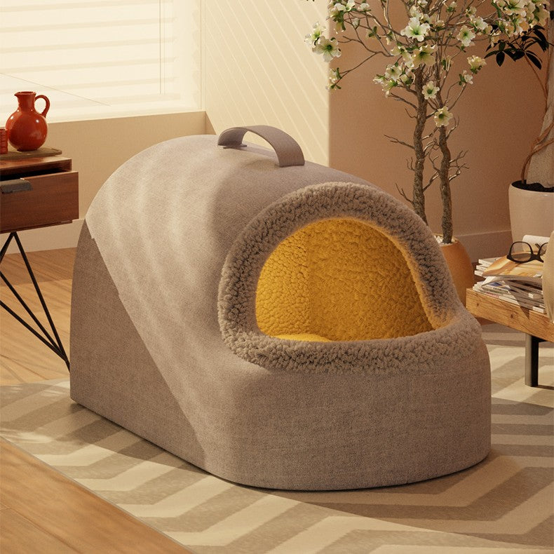 HKM-5018557 Cozy All-Season Plush Cat & Dog House with Heated Blanket and Scratch Ball