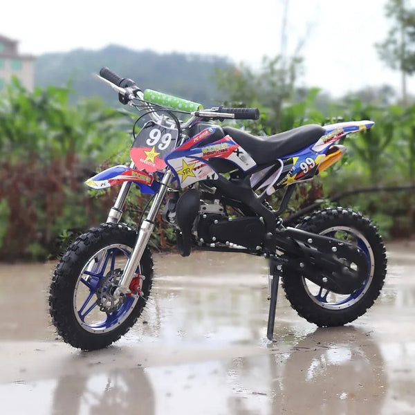 HKM-8502099 49cc 2-Stroke Gas Mini Dirt Bike for Kids with Inverted Fork Disc Brakes Both Wheels and 8 and 10-Inch Knobby Tires