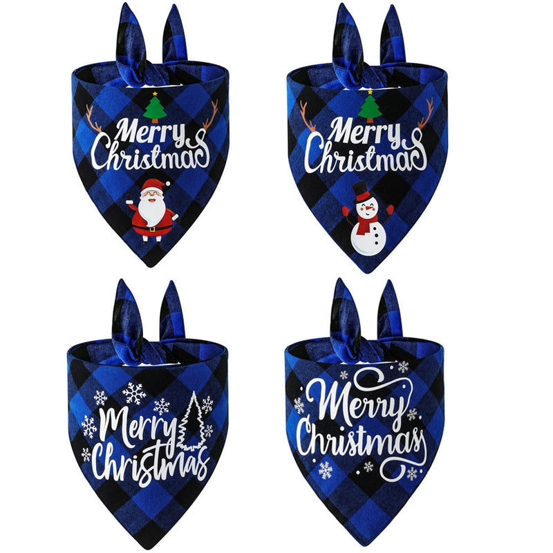 HKM-5021885 Christmas Cotton Plaid Pet Triangle Scarf - Santa Claus & Snowman Design, Size L 65x45x45cm
