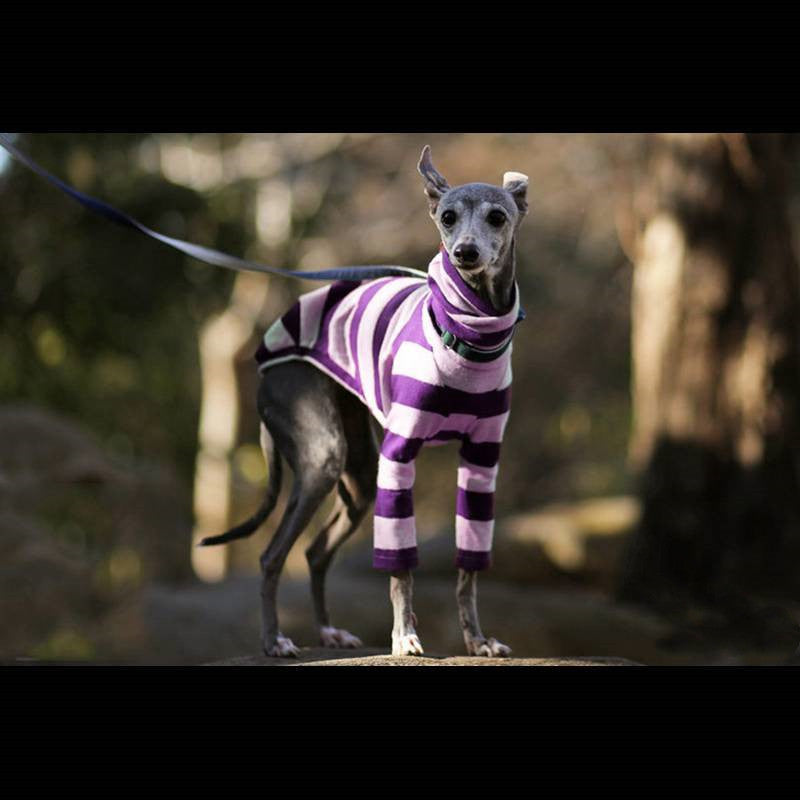 HKM-5022653 Comfortable Fleece High Necked Striped Two-Legged Dog Clothing in Black, Purple, Dark Blue, Camel