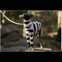 HKM-5022653 Comfortable Fleece High Necked Striped Two-Legged Dog Clothing in Black, Purple, Dark Blue, Camel