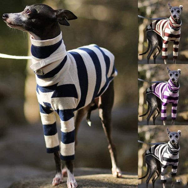 HKM-5022653 Comfortable Fleece High Necked Striped Two-Legged Dog Clothing in Black, Purple, Dark Blue, Camel