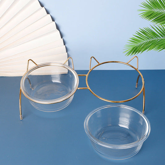 HKM-5024445 Elegant Double Glass Cat Bowl with Gold Stand for Cervical Spine Support