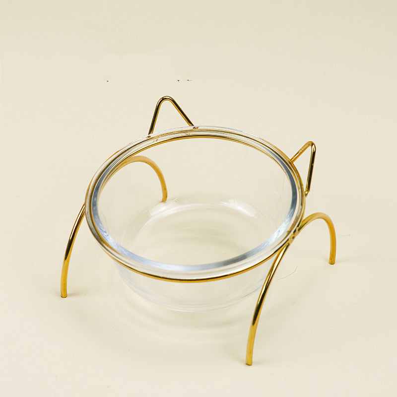 HKM-5024445 Elegant Double Glass Cat Bowl with Gold Stand for Cervical Spine Support