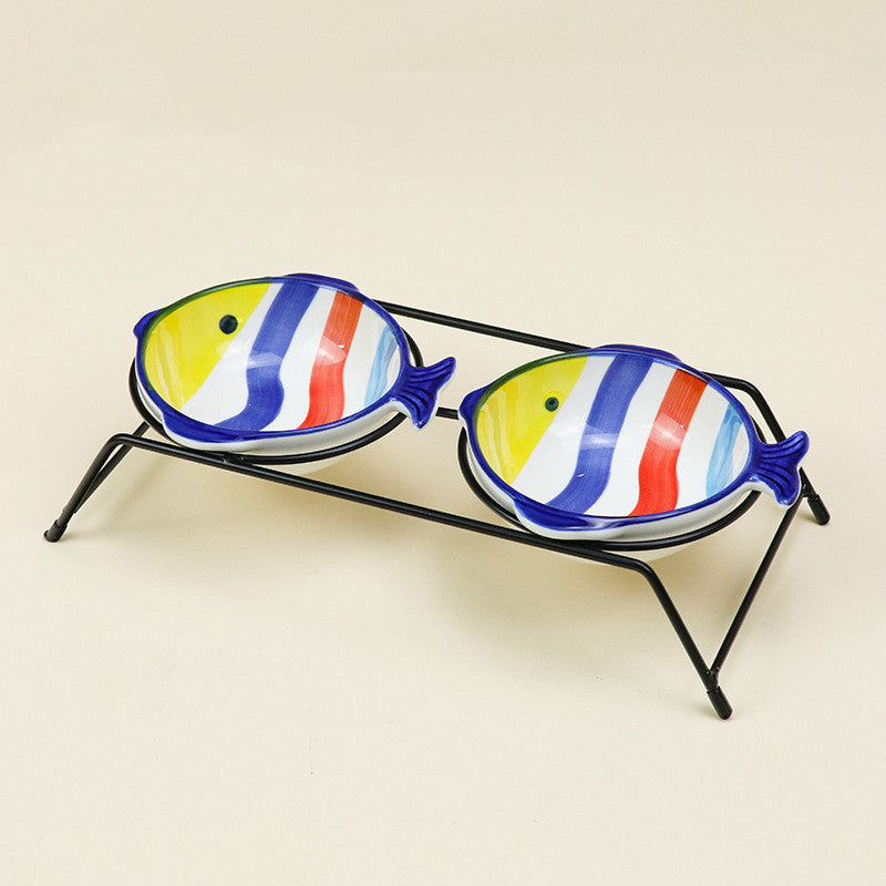 HKM-5024445 Elegant Double Glass Cat Bowl with Gold Stand for Cervical Spine Support