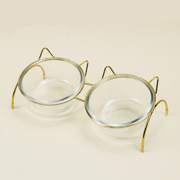 HKM-5024445 Elegant Double Glass Cat Bowl with Gold Stand for Cervical Spine Support