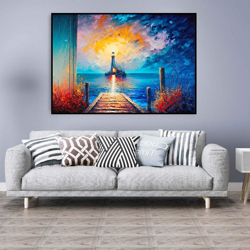 HKM-502611 Handmade Oil Painting of City Landscape with Lighthouse, Unstretched Canvas Wall Art for Living Room or Bedroom Decor