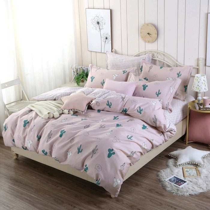 HKM-502675 Cotton Cartoon Three-Piece Bedding Set with Floral Design for 1.2m Bed