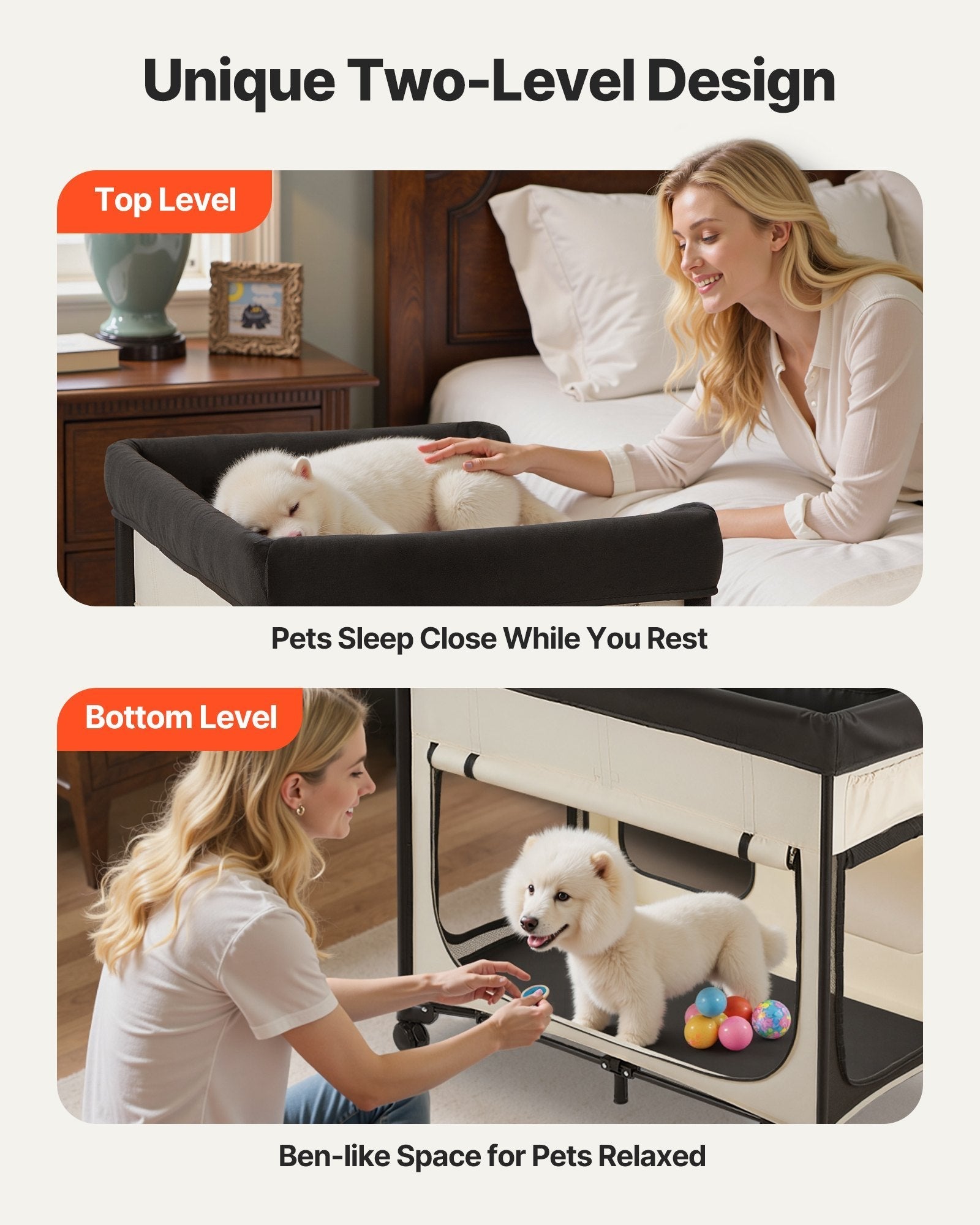 HKM-5028669 Foldable Dual-Level Dog Bed with Wheels, Side Bags, and Heavy-Duty Support