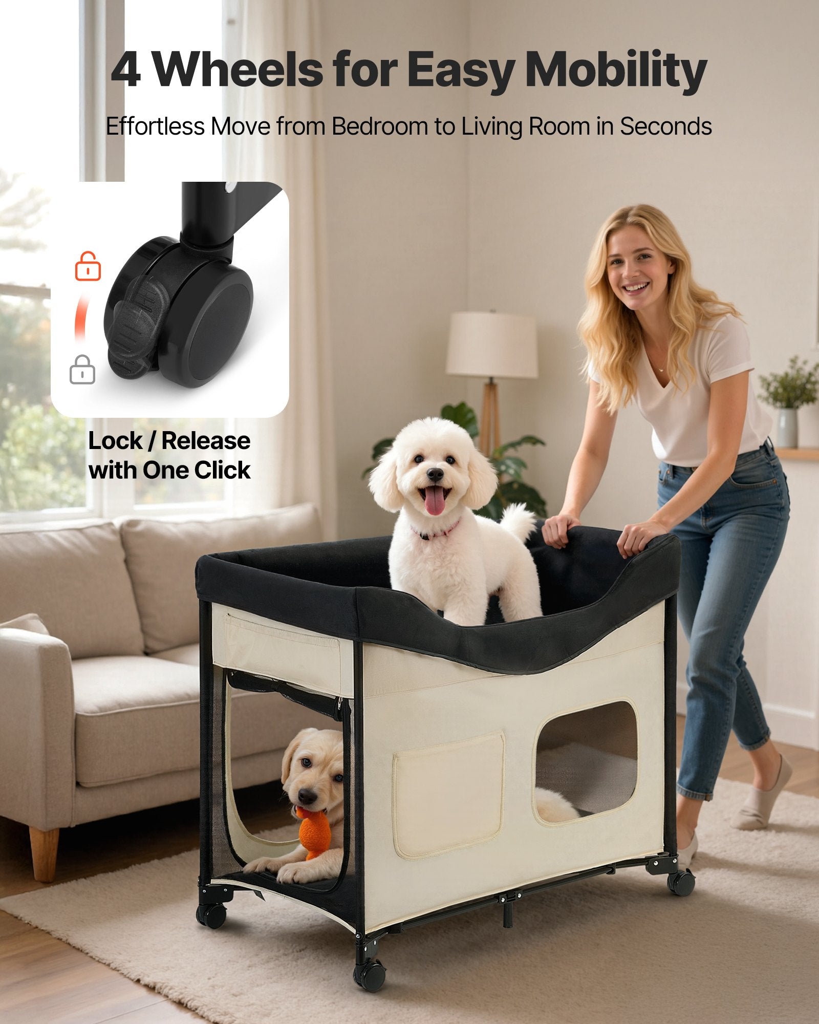 HKM-5028669 Foldable Dual-Level Dog Bed with Wheels, Side Bags, and Heavy-Duty Support
