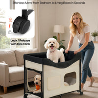 HKM-5028669 Foldable Dual-Level Dog Bed with Wheels, Side Bags, and Heavy-Duty Support